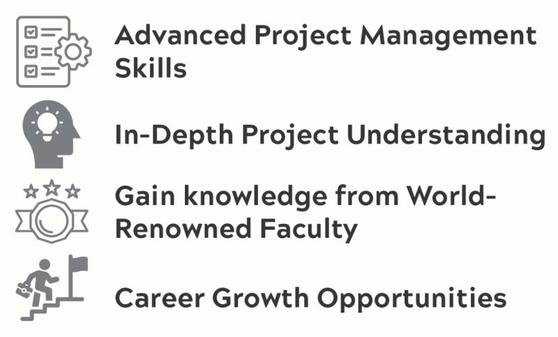 A list of benefits with icons for the Graduate Certificate in Construction Engineering for Infrastructure Projects. These read: Advanced Project Management Skills, In-Depth Project Understanding, Gain knowledge from World-Renowned Faculty, and Career Growth Opportunities.