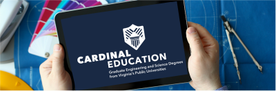Cardinal Education Logo on an ipad held by a pair of hands with an engineering desk background.